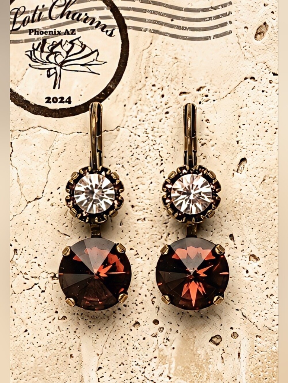Burgundy Maroon Flower Swarovski Crystal In Two Stone Drop Brass Earrings